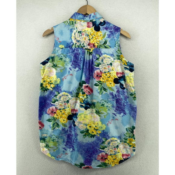 TAKEAWAY Top Womens L Floral Print Sleeveless Shirt Blouse Cotton Blue Vintage - Picture 3 of 10